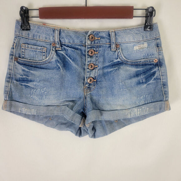 Forever‎ 21 Denim Shorts Juniors 25 Blue Jean Mid Rise Womens Button Fly W27 - Picture 1 of 15